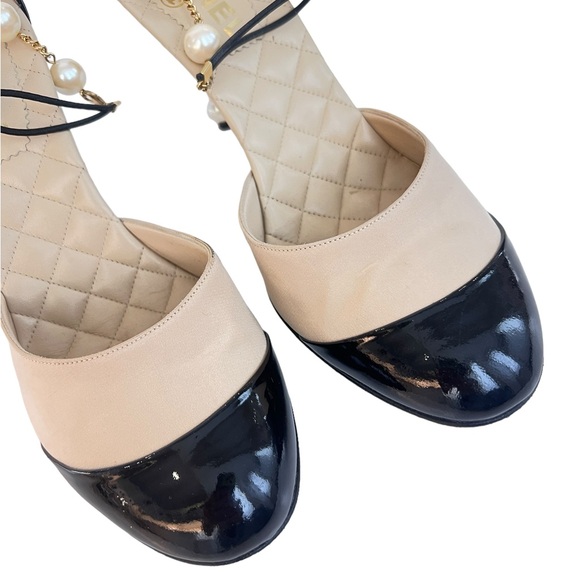 Chanel Beige Pearl Embellished Ankle Strap Heels - Picture 5 of 10